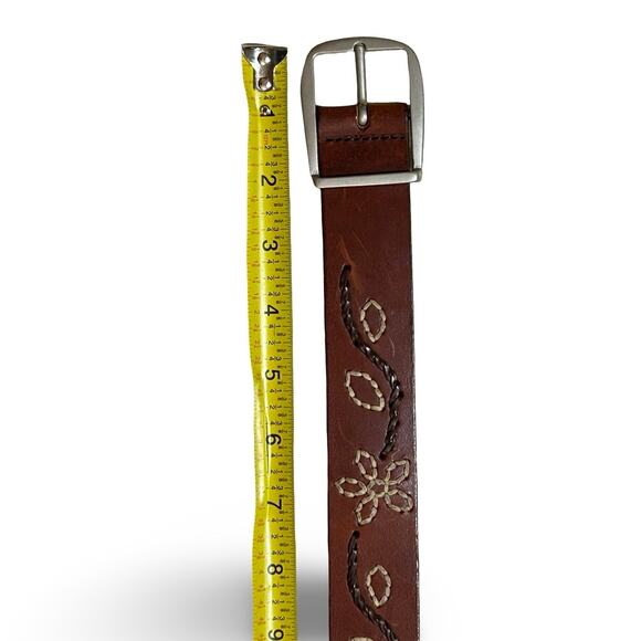 VTG 90s Nordstrom Handmade Leather Floral Stitched Belt Brown Sz M